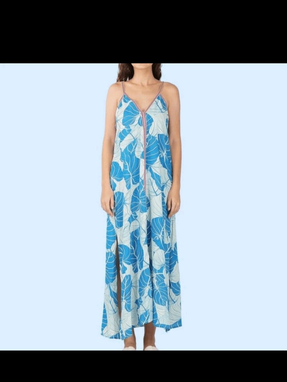 Blue Tropical Leaf Maxi Dress with Spaghetti Straps